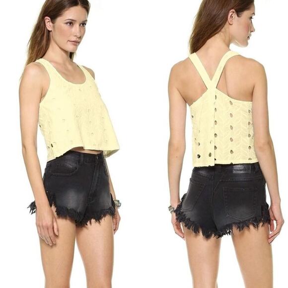 House of Harlow | Soft Yellow Eyelet Boxy Criss-Cross-Back Crop Tank Top - Picture 1 of 8